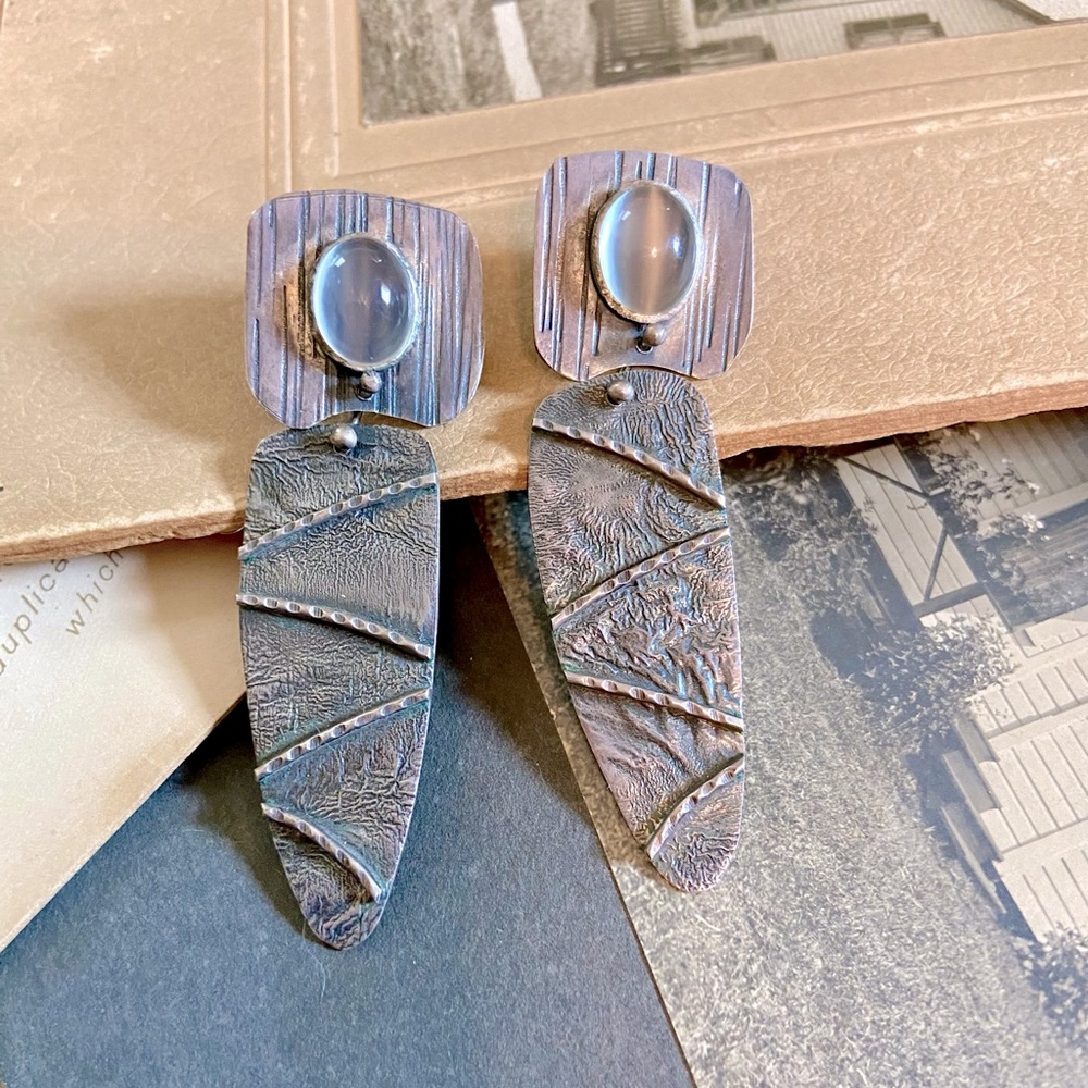 Highly Textured Artisan Made Sterling Silver Pierced Ear drop Earrings